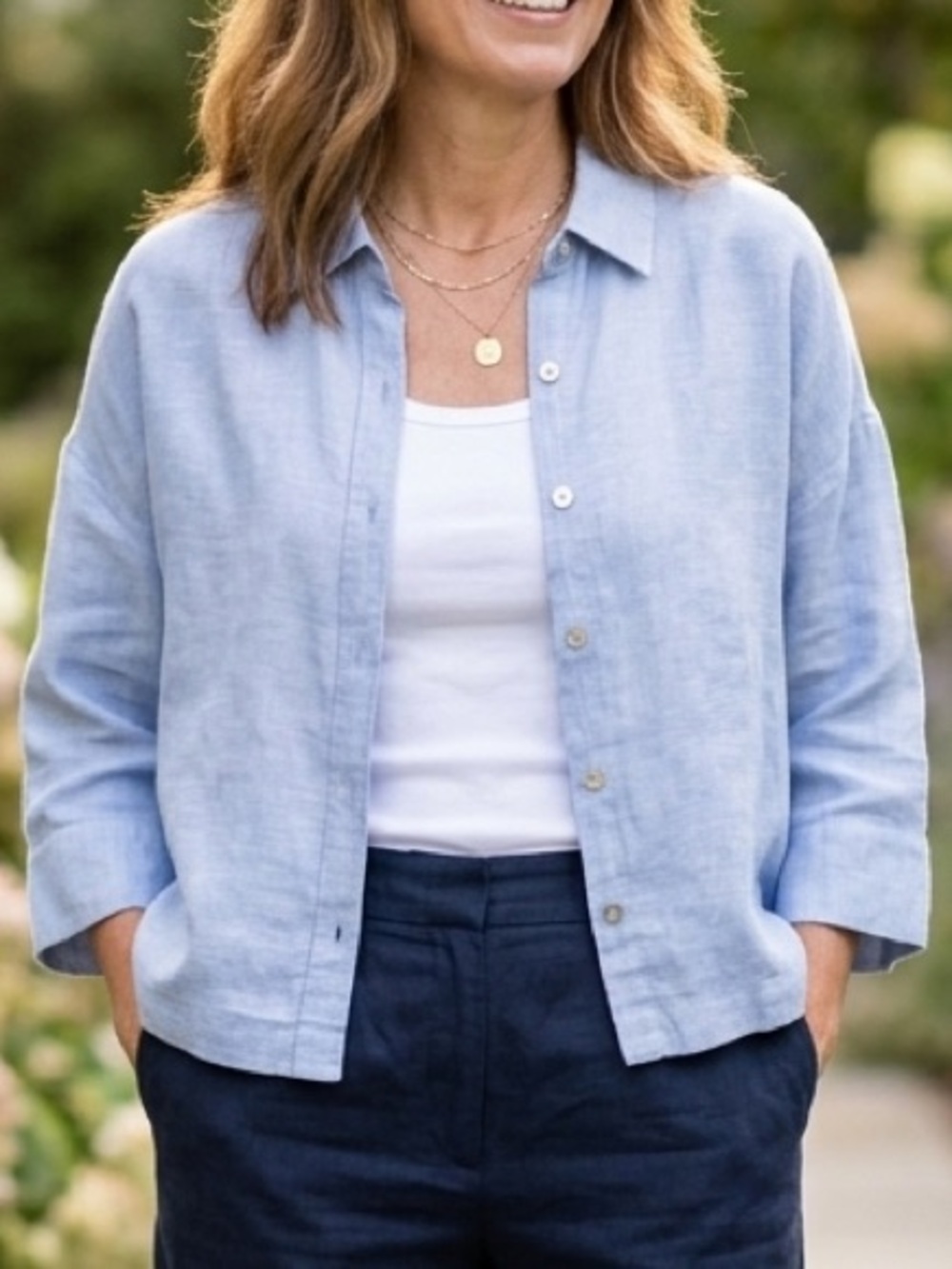 Sigrid Olsen 100% Linen Blue Button Front Top Size L Lightweight Summer
